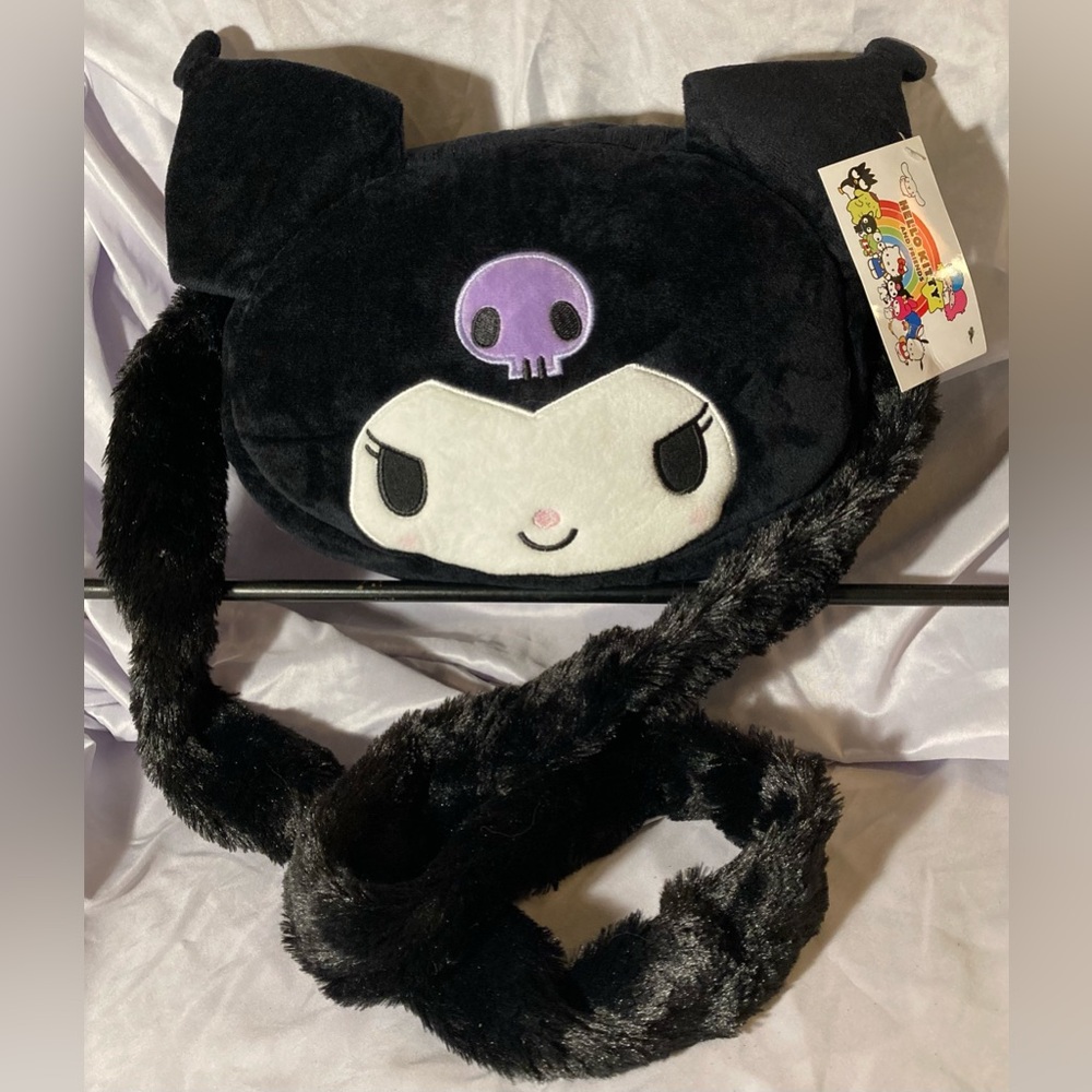 Kuromi Plush Cross Body Zippered Tote Faux Fur Strap Hello Kitty And Friends